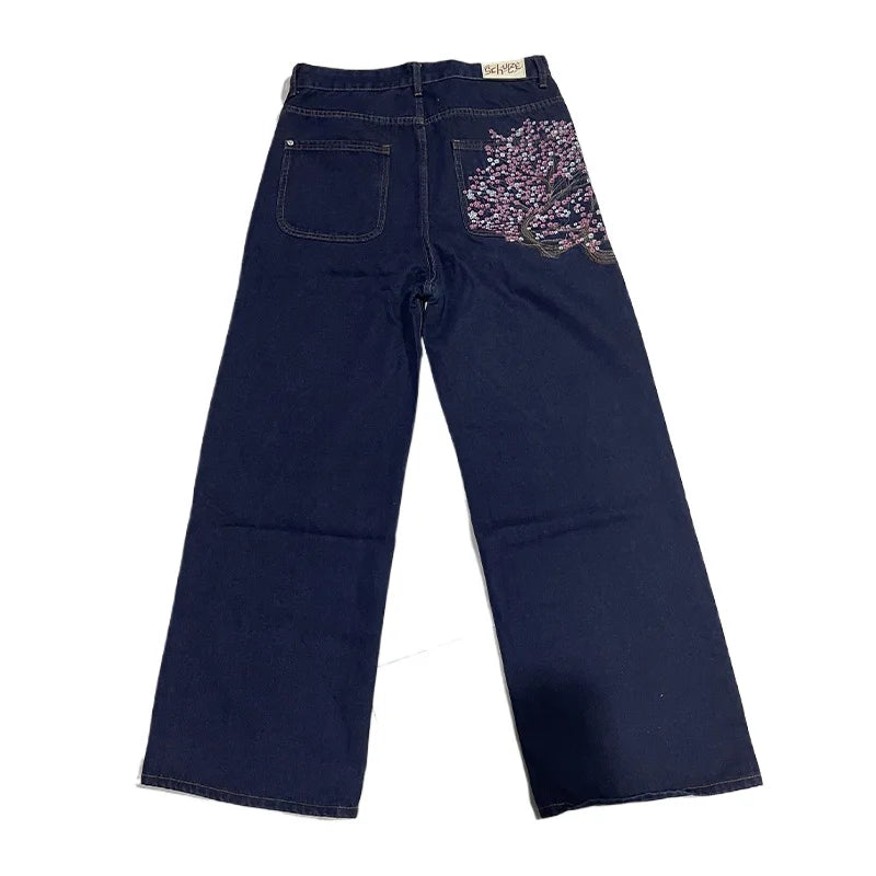 Y2K Baggy Cherry Blossom Embroidered Denim Jeans