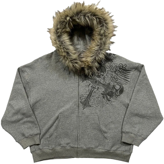 Faux Fur Collar Zip-Up Hoodie