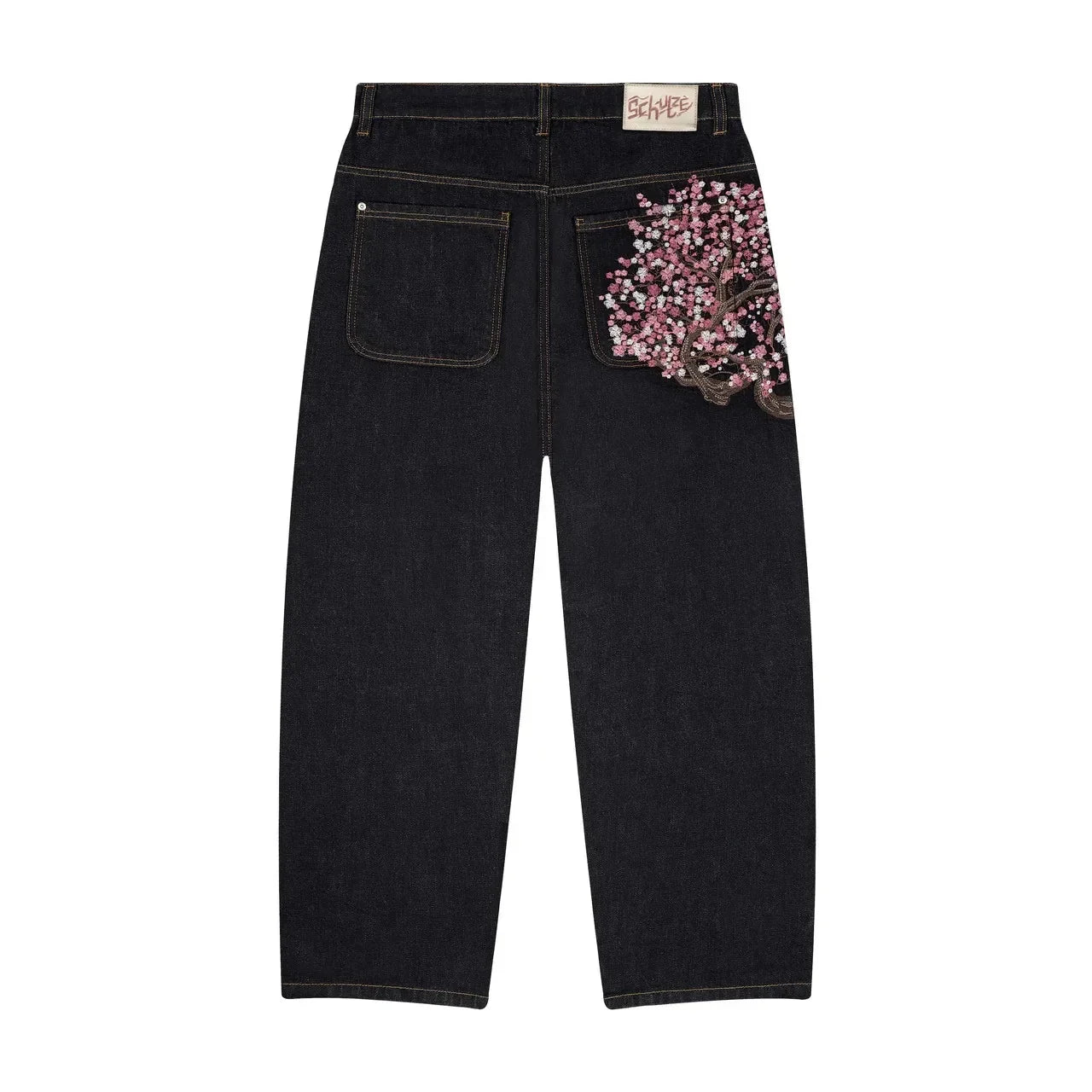 Y2K Baggy Cherry Blossom Embroidered Denim Jeans