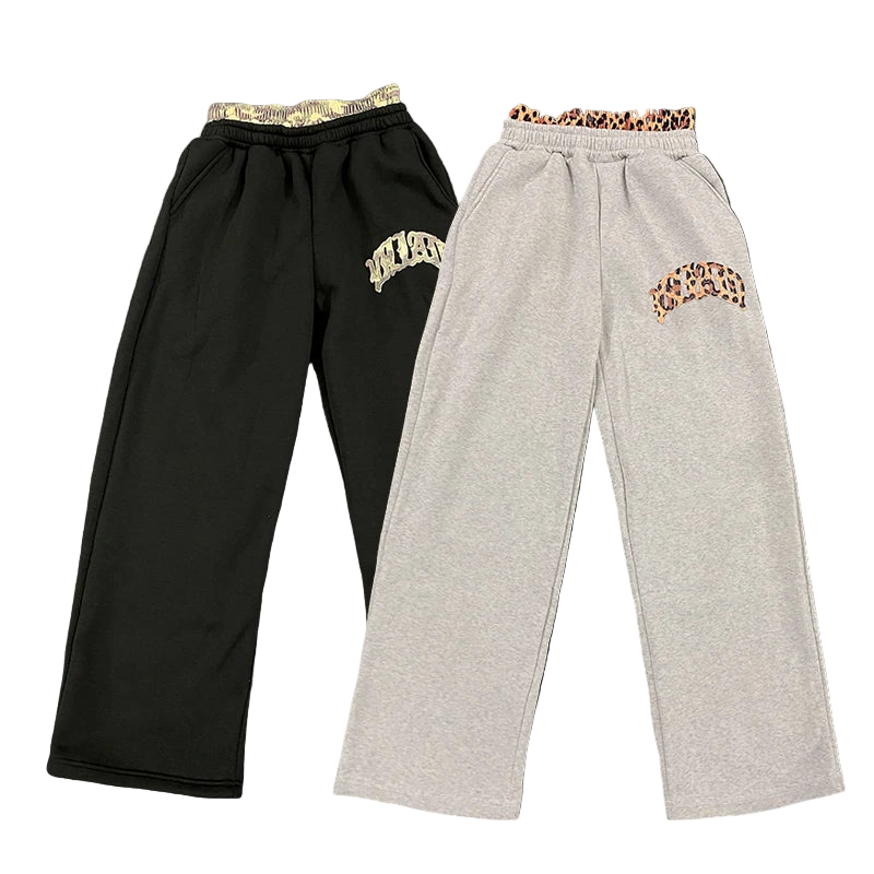 Leopard Print Embroidered Double Waistband Sweatpants