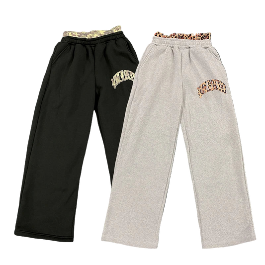 Leopard Print Embroidered Double Waistband Sweatpants