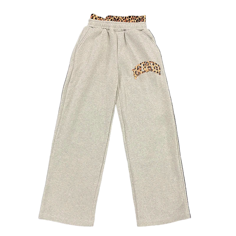 Leopard Print Embroidered Double Waistband Sweatpants