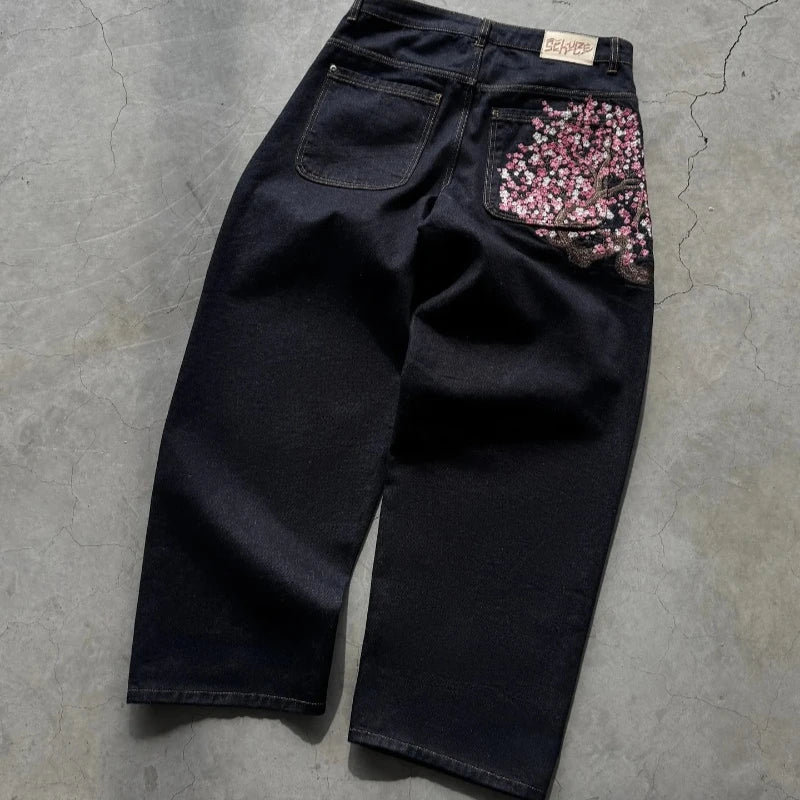 Y2K Baggy Cherry Blossom Embroidered Denim Jeans