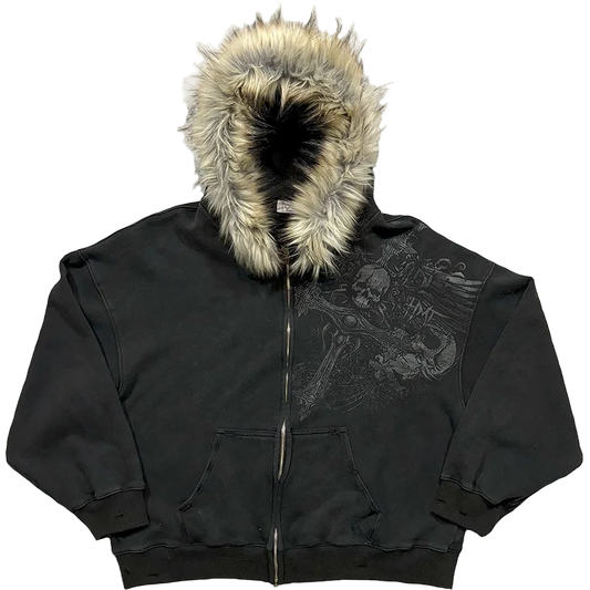 Faux Fur Collar Zip-Up Hoodie