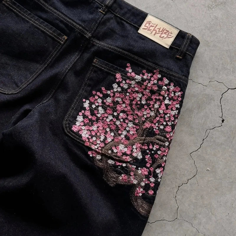 Y2K Baggy Cherry Blossom Embroidered Denim Jeans